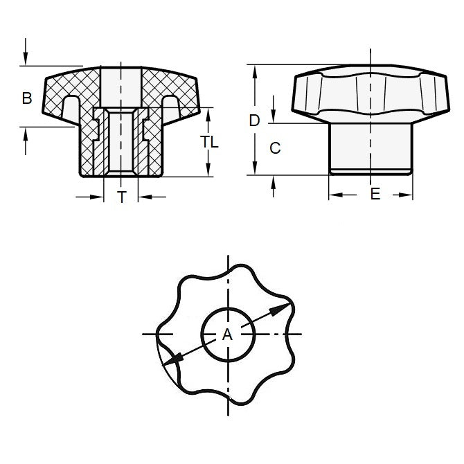 1228524 | KF100M-040-7L-P --- Lobe Knobs - M10 (10x1.5mm) x 40 mm x 25 mm