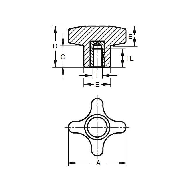 Bouton en croix 5/16-18 UNC x 59,94 mm - Insert standard en laiton thermoplastique - Noir - Femelle - MBA (Pack de 1)