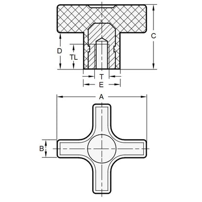 1074487 | KF064C-032-CBL (5 Pcs) --- Cross Knobs - 1/4-20 UNC (6.35mm) x 31.75 mm x 12.7 mm