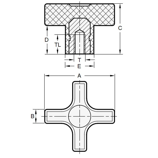 1103203 | KF127C-057-CB (Each) --- Cross Knobs - 1/2-13 UNC - 12.7mm - 57.15x12.7 mm Female - Brass Knob