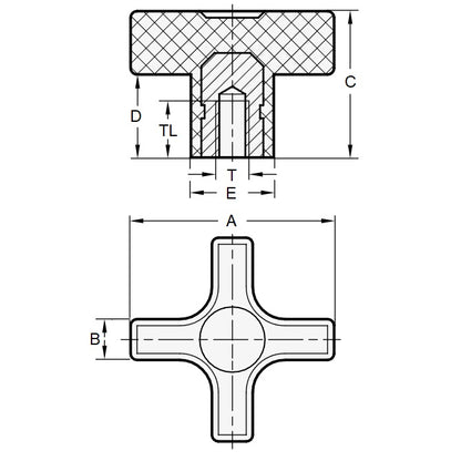 1103203 | KF127C-057-CB (Each) --- Cross Knobs - 1/2-13 UNC - 12.7mm - 57.15x12.7 mm Female - Brass Knob