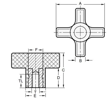 Manopola a croce 10-24 UNC x 31,75 mm - Foro passante Inserto in ottone fenolico - Nero - Femmina - MBA (confezione da 1)