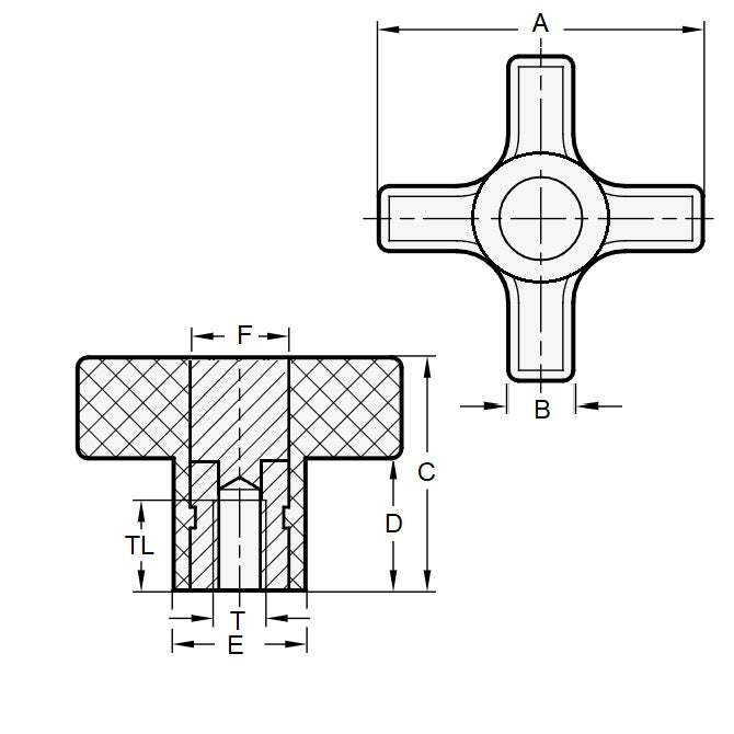 Bouton en croix 5/16-18 UNC x 40,13 mm - Trou traversant Insert en acier inoxydable thermoplastique avec insert en acier inoxydable - Noir - Femelle - MBA (Pack de 1)