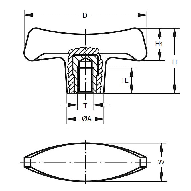 1069919 | KF060M-040-W --- Wing Knobs - M6 (6x1mm) x 40 mm x 18 mm