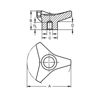 Tri Knob 1/4-20 UNC x 19.05 - Inserto in ottone Plastica ABS - Nero - Foro cieco - MBA (confezione da 1)