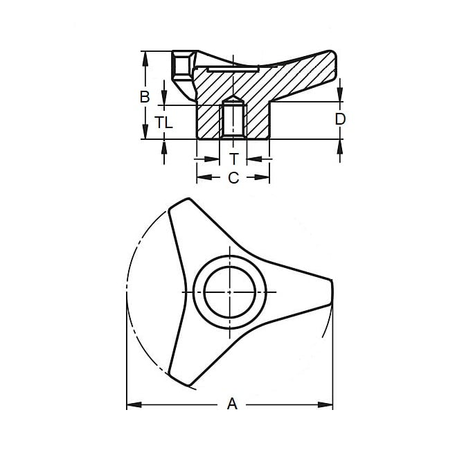 Tri Knob 5/16-18 UNC x 25,4 mm - Inserto in ottone Plastica ABS - Nero - Foro cieco - MBA (confezione da 250)