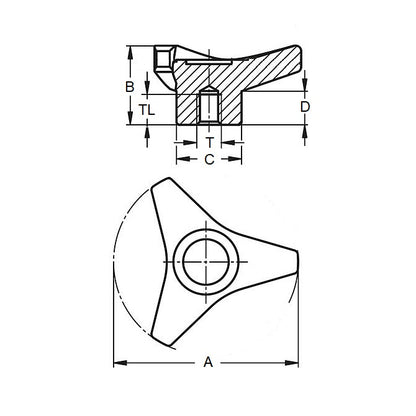 1088989 | KF095C-105-TRI-BHF --- Tri Knobs - 3/8-16 UNC (9.53mm) x 104.9 mm