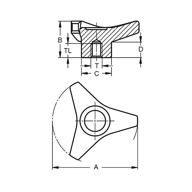 1087241 | KF095C-085-TRI-BHF (Each) --- Tri Knobs - 3/8-16 UNC - 9.53mm - 85.09 - - Blind Hole - Brass Knob