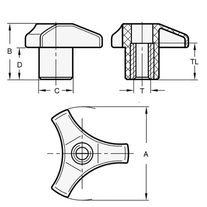 Tri Knob 3/8-16 UNC x 50,8 mm - Insert en laiton phénolique - Noir - Trou traversant - MBA (Paquet de 50)