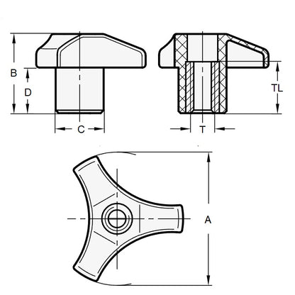 1077544 | KF079C-065-TRI-PF (Each) --- Tri Knobs - 5/16-18 UNC - 7.94mm - 65.02 - - Through Hole - Brass Knob