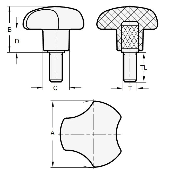 1088528 | KM095C-040-3LL --- Lobe Knobs - 3/8-16 UNC (9.53mm) x 39.88 mm x 38.1 mm