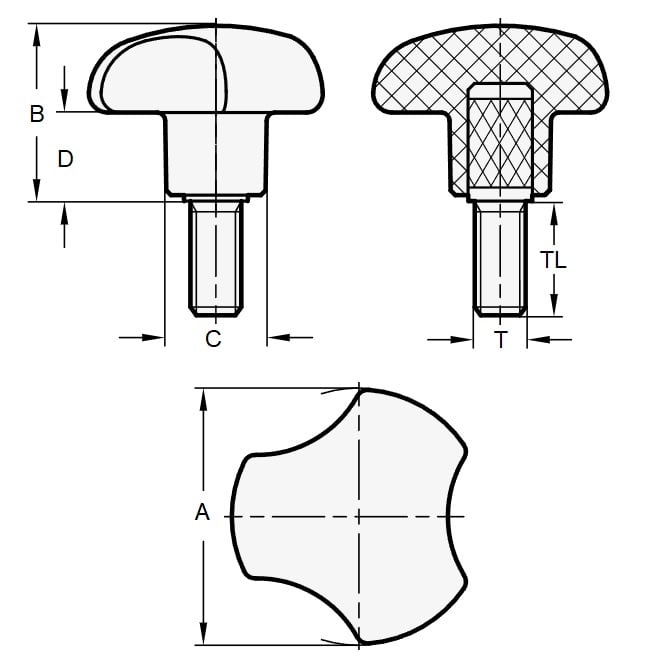 1083784 | KM080M-040-3L30 --- Knobs - M8x1.25 x 40 mm x 30 mm