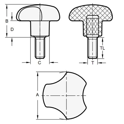1072219 | KM064C-025-3LL (Each) --- Lobe Knobs - 1/4-20 UNC - 6.35mm - 24.89x19.1 mm Three Lobe - Plated Steel Knob