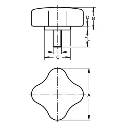 Bouton à quatre lobes 5/16-18 UNC x 50,04 x 38,1 mm - Insert en acier plaqué phénolique - Noir - Mâle - MBA (Pack de 1)