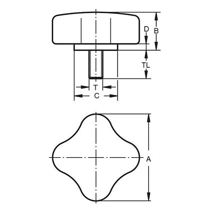 Manopola a quattro lobi 10-24 UNC x 20,07 x 19,1 mm - Inserto in acciaio placcato fenolico - Nero - Maschio - MBA (confezione da 1)