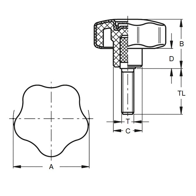 1061113 | KM048F-025-5LSFT19-ST --- Lobe Knobs - 10-32 UNF (4.76mm) x 25 mm x 19.1 mm