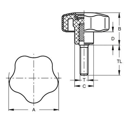 1082145 | KM080M-050-5L16 (Each) --- Lobe Knobs - M8 - 8x1.25mm - 50x16 mm Five Lobe - Steel Knob