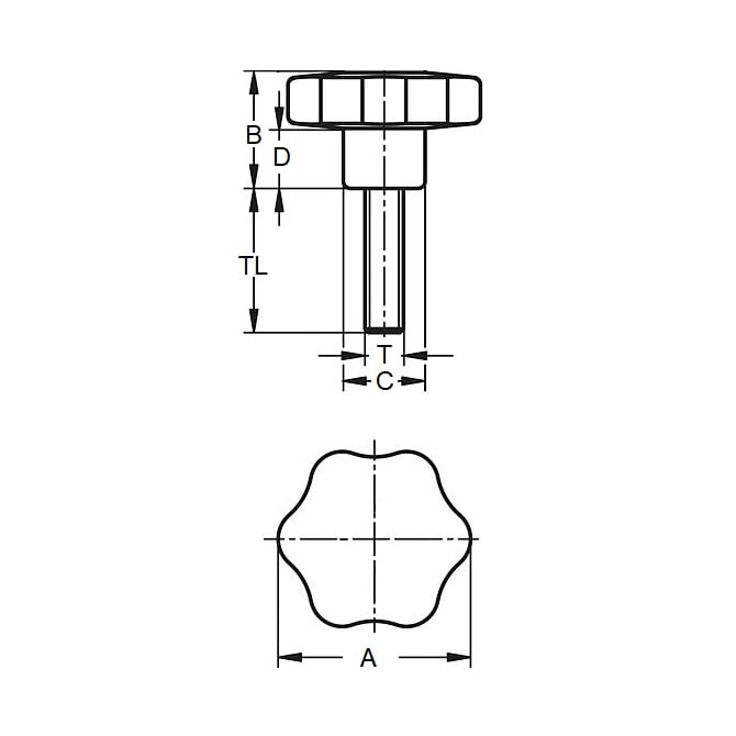 1074445 | KM064C-030-6L13-ST --- Lobe Knobs - 1/4-20 UNC (6.35mm) x 30 mm x 13 mm