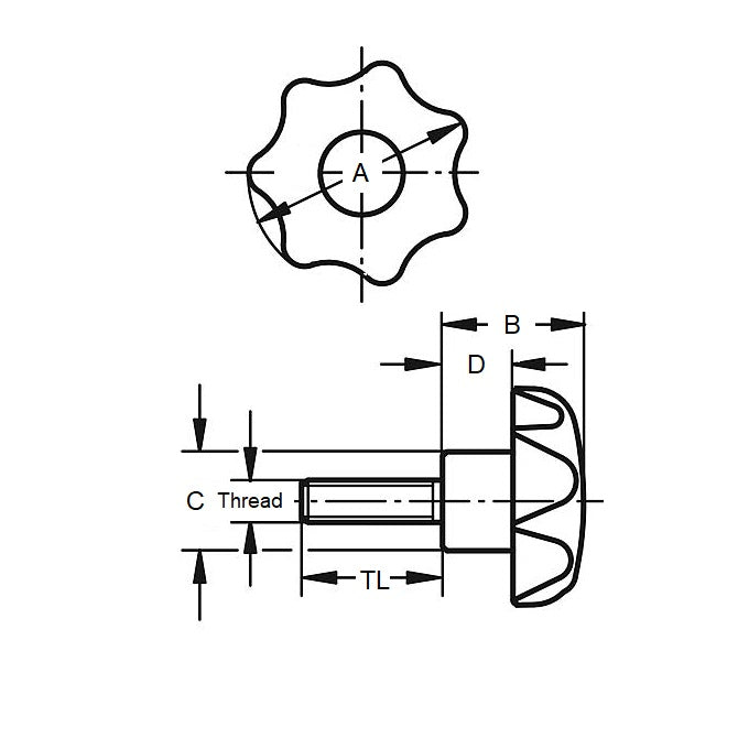 1074616 | KM064C-032-7L20-S4 --- Lobe Knobs - 1/4-20 UNC (6.35mm) x 32 mm x 20 mm