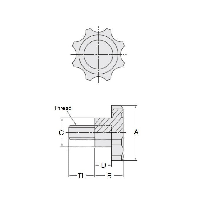 1084178 | KM080M-058-8L10 --- Lobe Knobs - M8 (8x1.25mm) x 58 mm x 10 mm