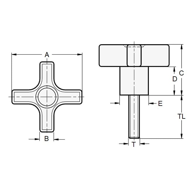 Bouton Croix 5/16-18 UNC x 44,45 x 12,7 mm - Insert Acier Plaqué Standard Thermoplastique - Noir - Mâle - MBA (Pack de 1)