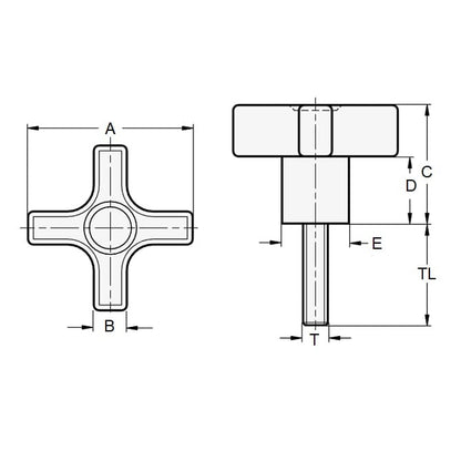 1074886 | KM064C-044-CS13 --- Cross Knobs - 1/4-20 UNC (6.35mm) x 44.45 mm x 12.7 mm