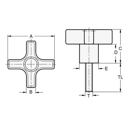 Manopola a croce 10-32 UNF x 31,75 x 19,1 - Inserto in acciaio placcato standard termoplastico - Nero - Maschio - MBA (confezione da 1)