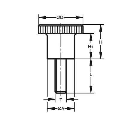 Bouton moleté M5 x 15 x 12 mm - avec épaulement en polypropylène avec tige en acier - Noir - Mâle - MBA (1 pièce)