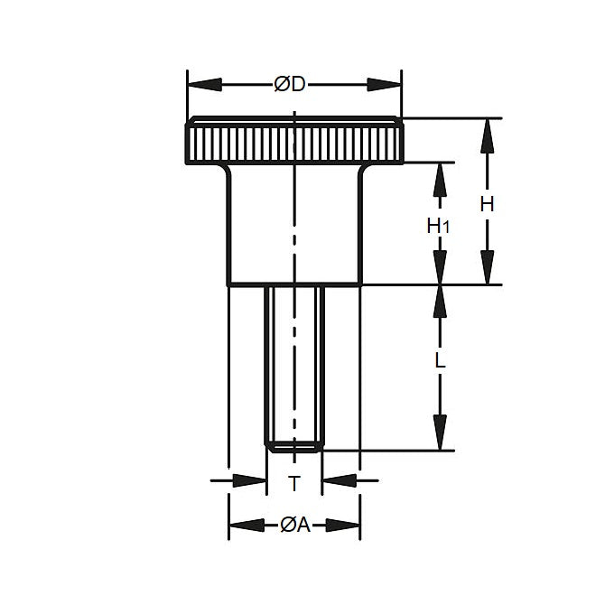 1052275 | KM040M-013-KPC12 (PK-5) --- Knurled Knobs - M4 - 4x0.7mm - 13x12 mm Male - Polypropylene with Steel Shank Knob