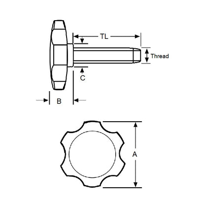 1072789 | KM064C-038-3810-ROS-G (PK-5) --- Thumb Knobs - 1/4-20 UNC - 6.35mm - 38.1x38.1 mm Male With Cap Screw - Plastic Knob