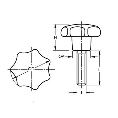 Manopola a stella M6 x 25 mm - Plastica - Maschio - MBA (confezione da 1)