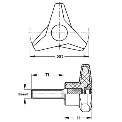 Tri Knob 5/8-11 UNC x 124.97 - Inserto in acciaio placcato termoplastico - Nero - Maschio - MBA (confezione da 1)