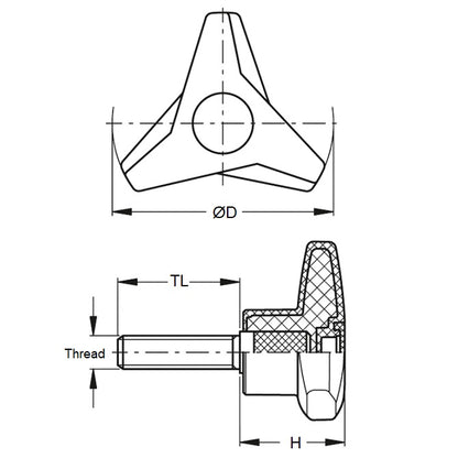 1087243 | KM095C-085-TRI-BHM (Each) --- Tri Knobs - 3/8-16 UNC - 9.53mm - 85.09 mm - 30 Male - Plated Steel Knob