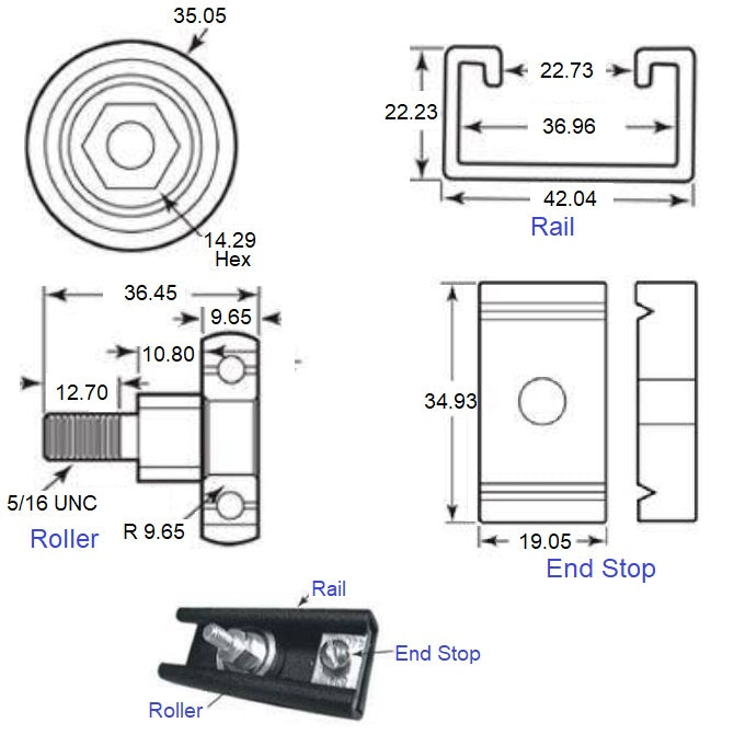 1235294 | PBC-210RS (Each) --- Crowned Roller Track System Linear - End Stop - - Order other components seperately