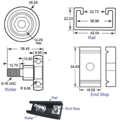 1229801 | PBC-208RS --- Crowned Roller Track System Linear - Black Powder Coated Rail 2438.4 mm Long Order other components seperately