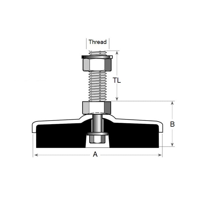 Support Anti-Vibration 113,4 Kg - 1/2-13 UNC - 101,6 x 67,1 mm - Goujon Inox 303-304 - 18-8 - A2 - Anti-Vibration - MBA (Pack de 1)