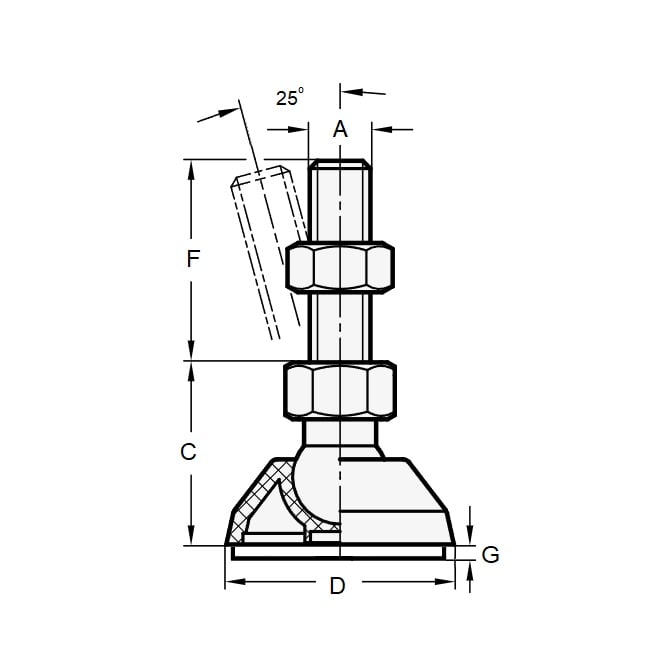 Supporto di livellamento 78 Kg - 3/8-16 UNC - 39,9 x 44,5 mm - Perno termoplastico - Livellamento - MBA (confezione da 1)