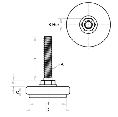 Support de Nivellement 140 Kg - 1/4-20 UNC - 38,1 x 38,1 mm - Goujon Zingué avec Patin en Caoutchouc - Nivellement - MBA (Pack de 1)