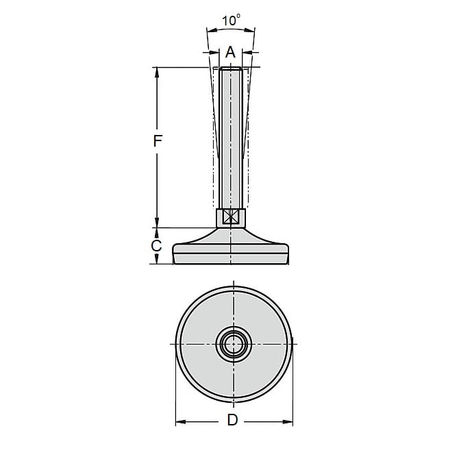 Support de Nivellement 1500 Kg - 3/4-10 UNC - 100,1 x 203,2 mm - Goujon Long Conception Hygiénique Inox 303-304 - 18-8 - A2 - Pivotant 10 Deg - Nivellement - Ancrage - Profil Bas - MBA (Pack de 1)