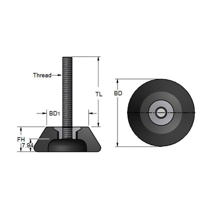 Piedini di montaggio da 67 a 272 x 1.270 x 5.08 - Neoprene incollato con perno - MBA (confezione da 1)