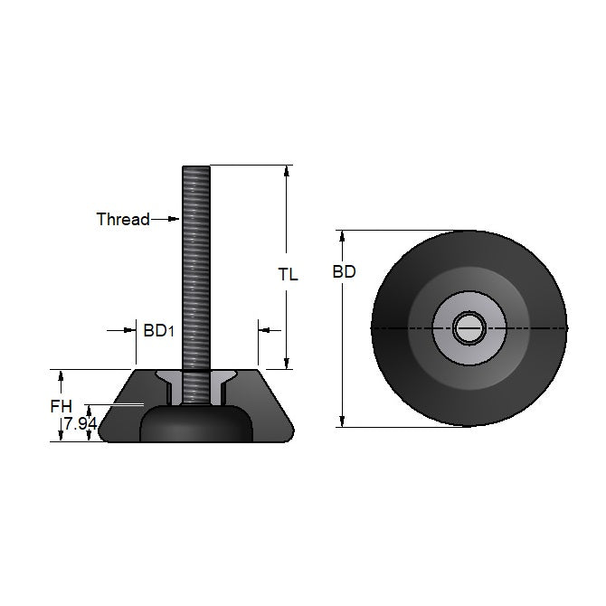 1040503 | TMF-553-ARS (Each) --- Levelling Bonded Neoprene Mounts - 2.5 to 15.8 Kg 1.27x6.35 mm With Stud