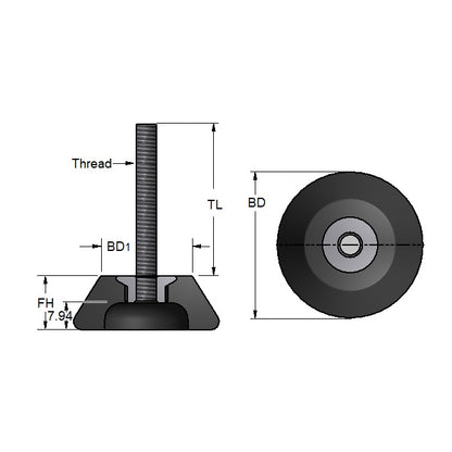 1040503 | TMF-553-ARS (Each) --- Levelling Bonded Neoprene Mounts - 2.5 to 15.8 Kg 1.27x6.35 mm With Stud