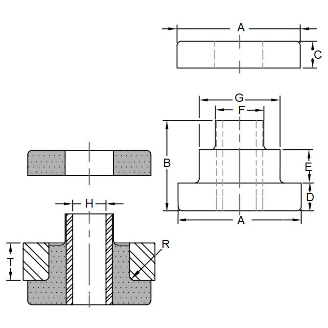1197182 | MB2-0019-127 (Each) --- Bonded Mounts - 127 Kg - 16.7x64.8 mm Tee Bush Two Piece - Rubber Mount