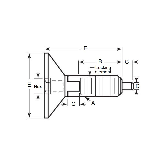 1086125 | PLST-095C-191-HXCL-LK-036 (Each) --- Spring Plungers - 3/8-16 UNC - 9.53mm - 19.1 mm - 4.5 N Hex Drive Handle - Steel Plunger