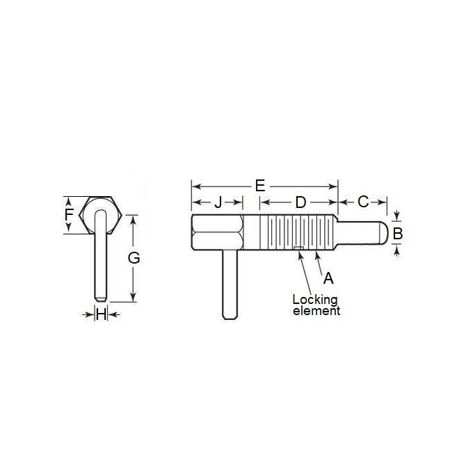 Piston à ressort 3/8-16 UNC x 27 mm - Poignée en L Verrouillable Corps en acier inoxydable avec acétal - Ressort - Fileté - MBA (Pack de 1)