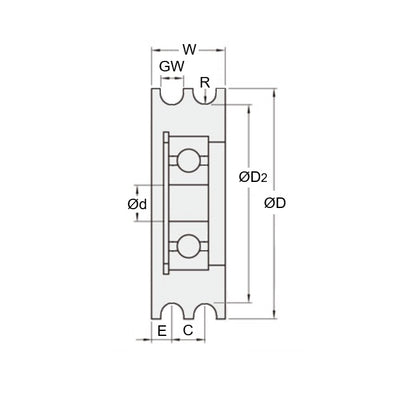 1053337 | PUI008-0500-100-S4S440 (Each) --- U Groove Idler Pulleys - 4x50x10 mm Double Row - Stainless Steel 304 Similar to A2, 18-8 HRB80