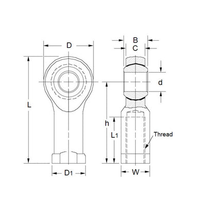 1095514 | REF-111-R-CT (Each) --- Female Rod Ends - 11.113x60.33 mm - 7/16-20 UNF Right - Steel PTFE Lined Rod End
