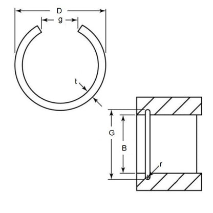 Bague interne 14 x 1 mm - Fil rond en acier à ressort - Alésage du boîtier 14,00 - MBA (Pack de 100)