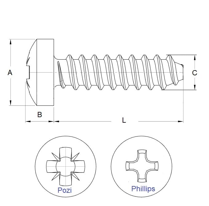 Vis autotaraudeuse 2,18 x 12,7 mm - Acier zingué - Tête cylindrique pour plastiques durs et souples - MBA (Lot de 5)