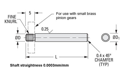 1037265 | SHPIN01.5X50 (Each) --- Pinion Shafts - 1.5x1.55x5 mm - Stainless Steel 303/304 Similar to A2, 18-8 HRB80 Shaft